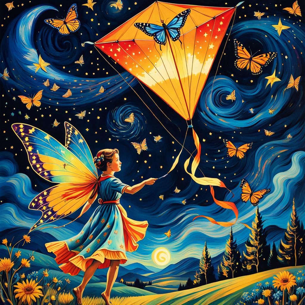 Fairy Flying Kite on Starry Night as Van Gogh Painting