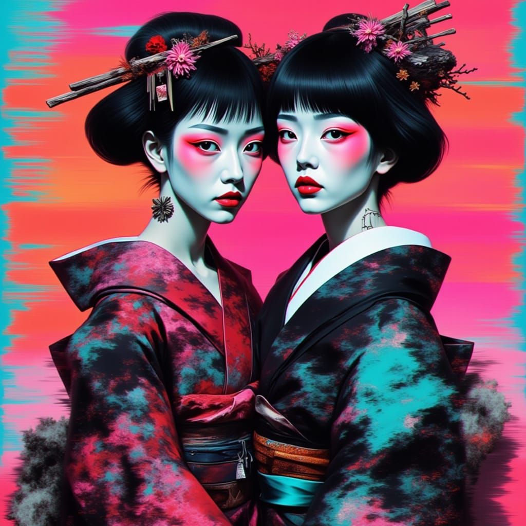 Glitch Art Portrait of Geishas in Futuristic Style