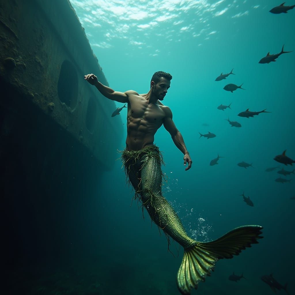 Merman Exploring Shipwreck in Cinematic Film Still