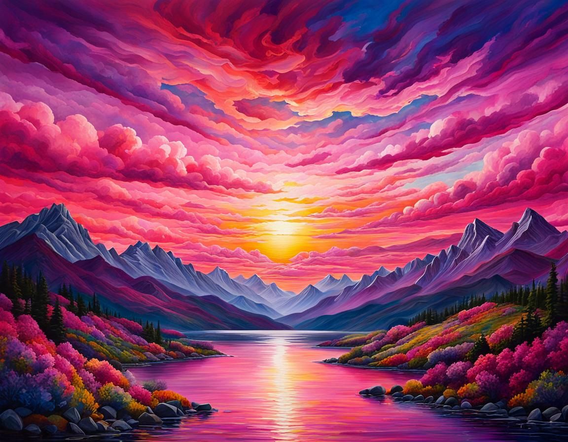 Purple and Pink Sky Landscape in Oil and Watercolor