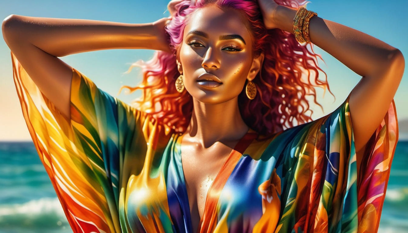 Vibrant Rainbow Goddess Relaxing on a Beach