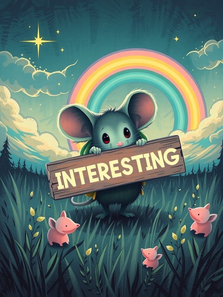 A cute gray mouse holding a sign that says INTERESTING