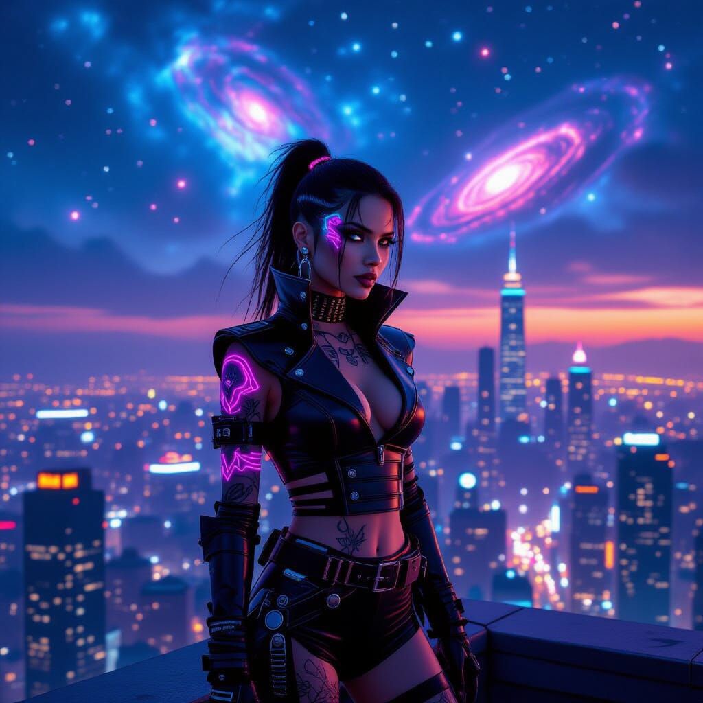Cyberpunk Fashion Model with Bioluminescent Tattoos