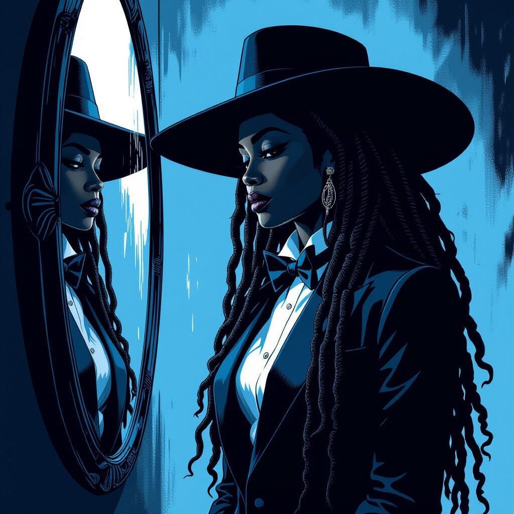 Woman in Tuxedo and Hat Admires Reflection in Noir Style