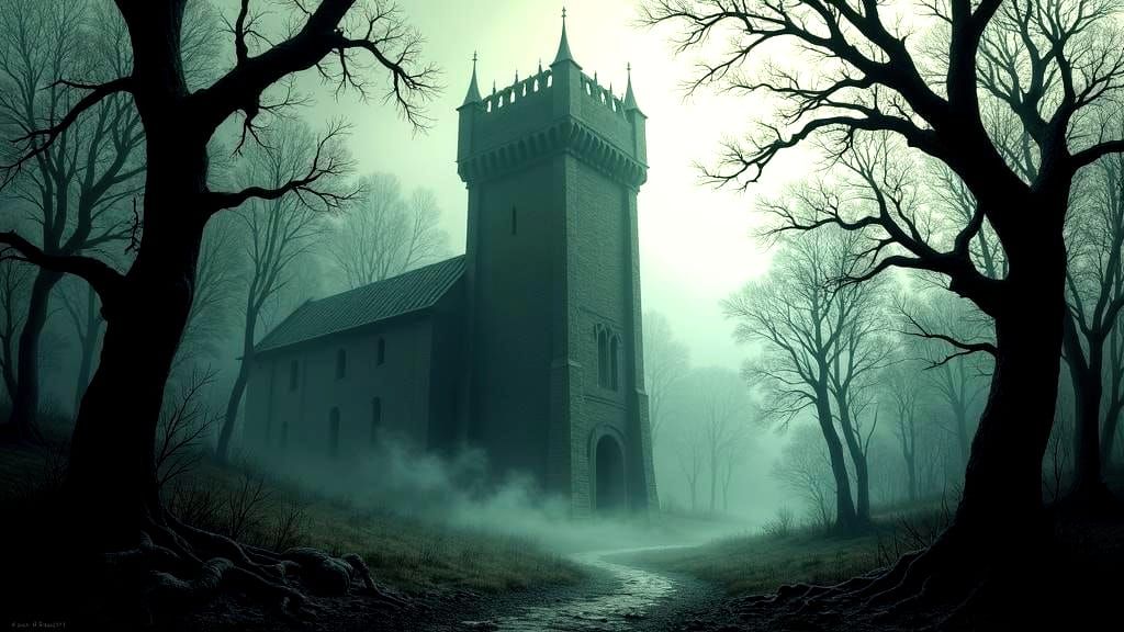 Tower in Dark Forest, Gothic Horror Style