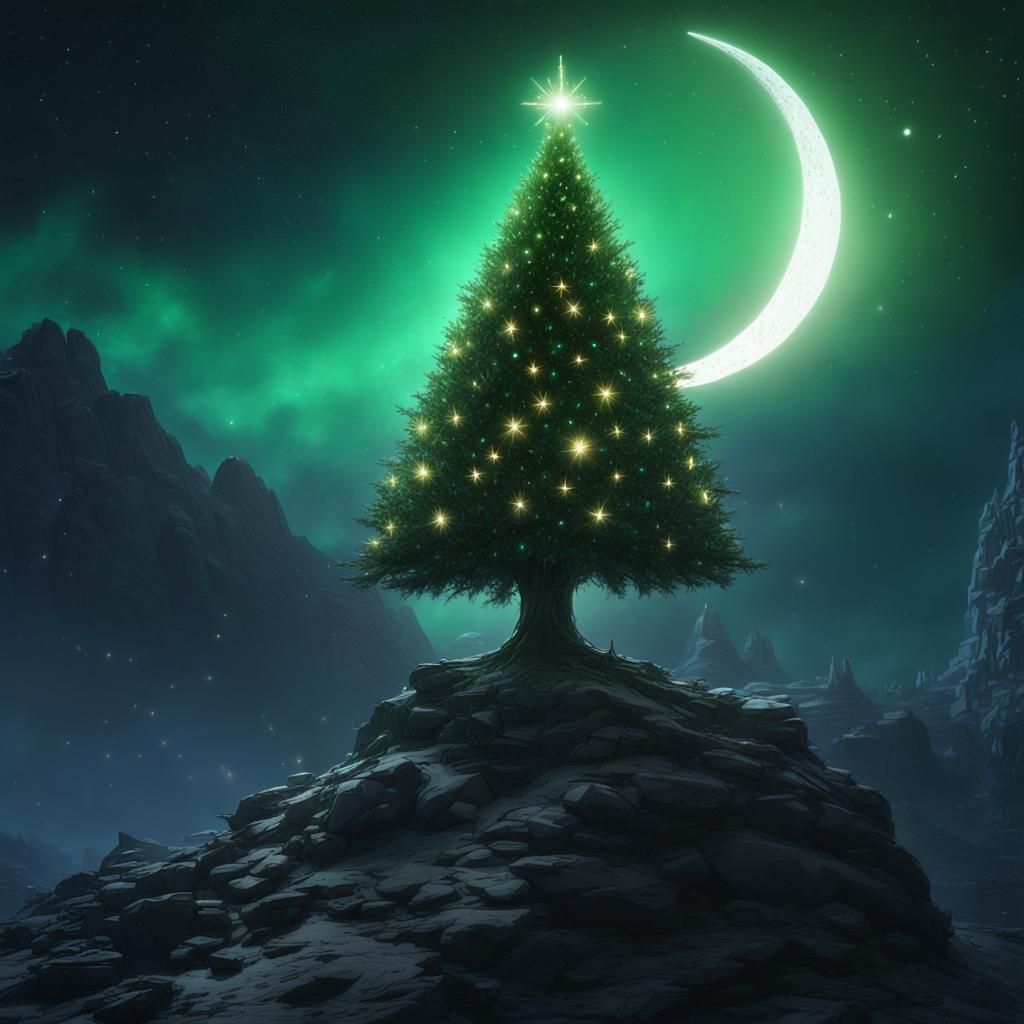 Mythical Christmas Tree with Moon in Galaxy Night