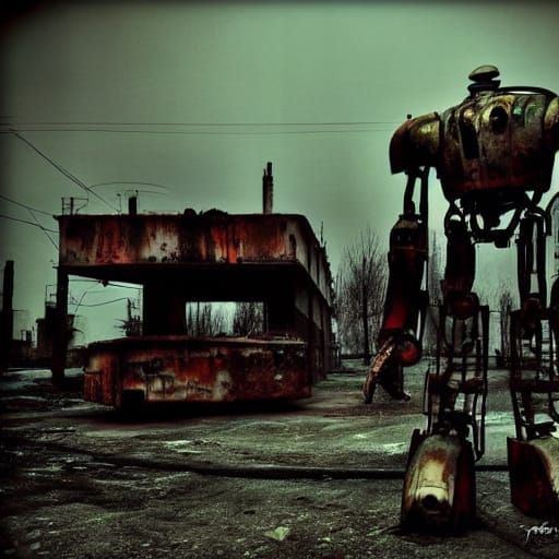 Rusted Robot in Dystopian Sci-Fi Urban Scene