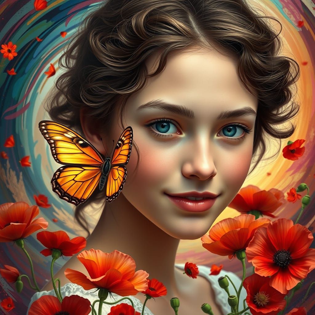 Dreamlike Hyperrealistic Portrait with Butterfly and Poppies