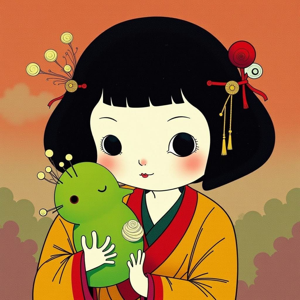 Ichimatsu Doll with Bird in Ukiyo-e Style