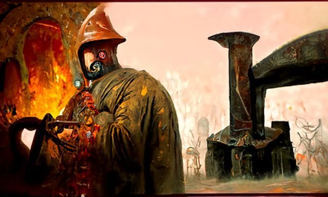 Dystopian Blacksmith Forging Sword in Metallic Style