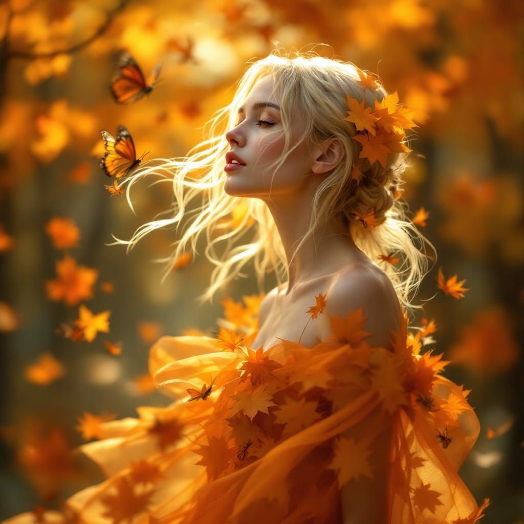 Ethereal Blonde Goddess Amidst Monarch Butterflies and Autum...