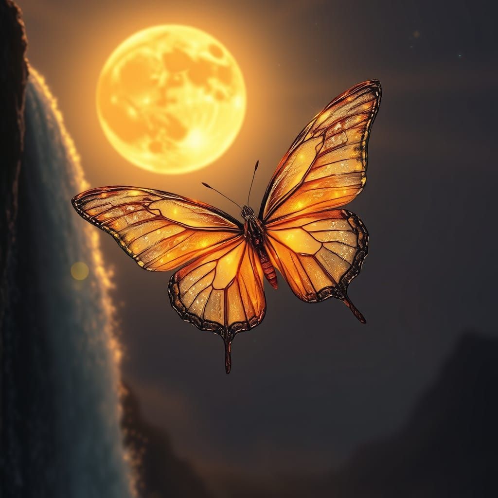 Ethereal Butterfly in Golden Twilight Sky