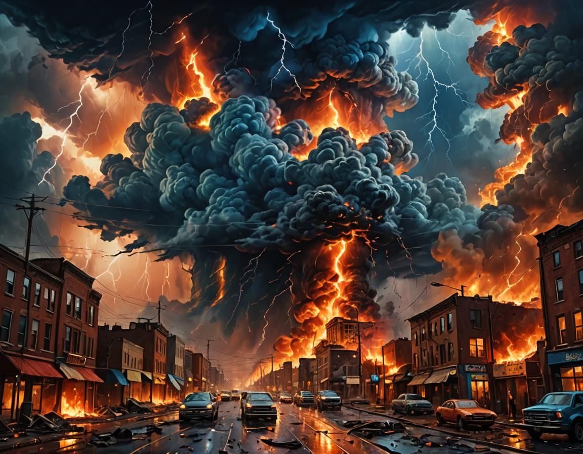 Apocalyptic Cityscape with Towering Storms in Oil Painting S...