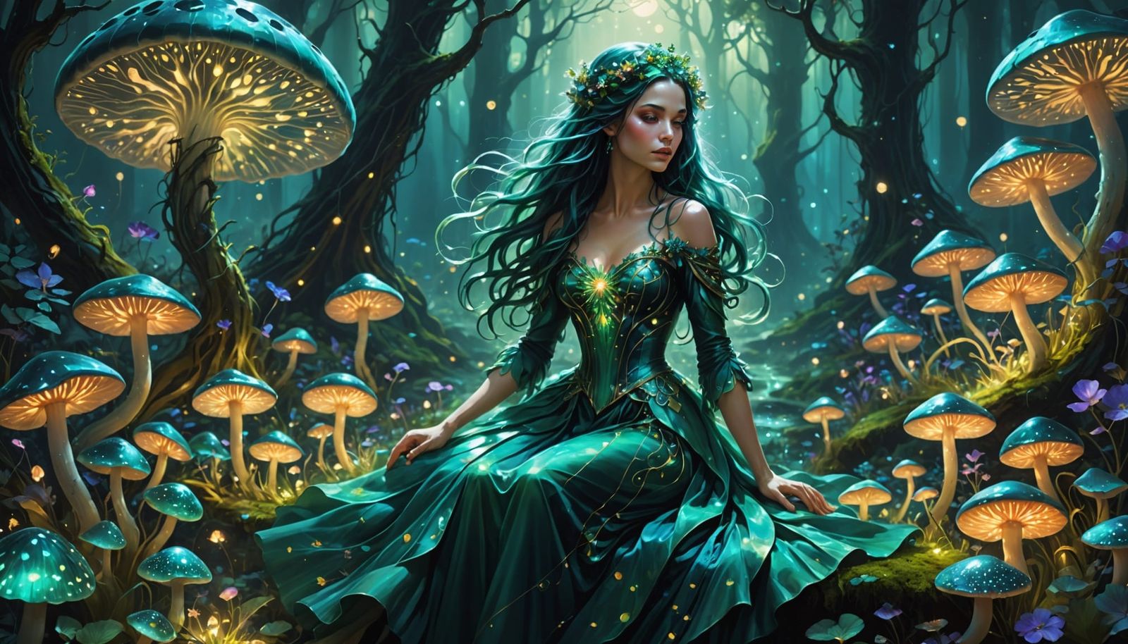 Emerald Haired Woman Tends Magical Moonlit Garden