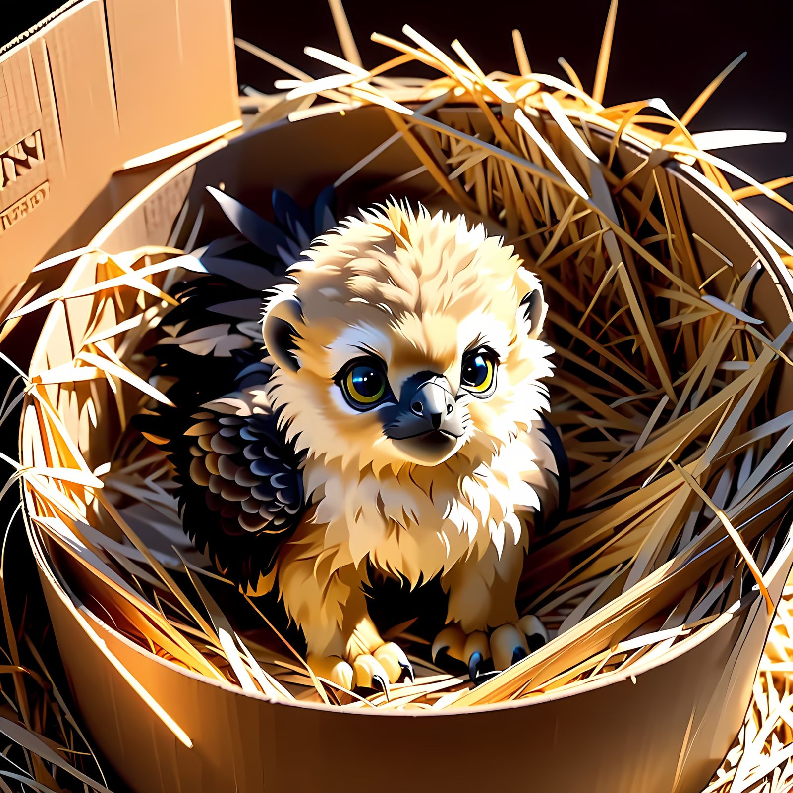 Cuddly Griffin Hatchling in a Cozy Box