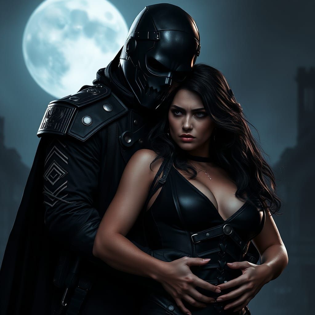 Masked Figure Embraces Woman in Dark Fantasy Setting