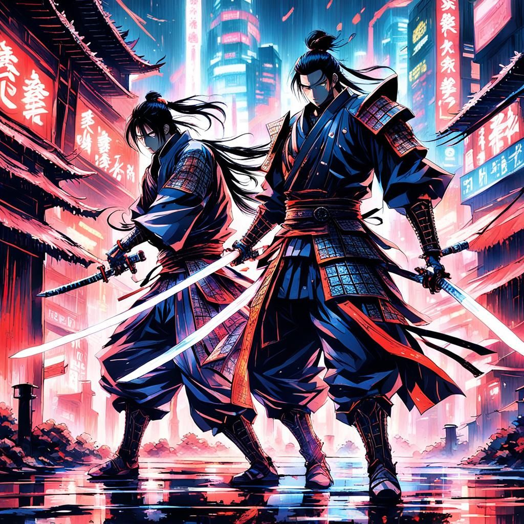Cyberpunk Samurai Duel Under Neon Rain