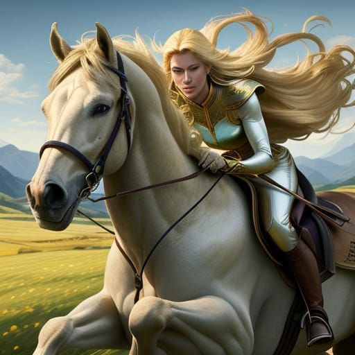 Blonde Woman Riding Horse in Vibrant Oil Painting