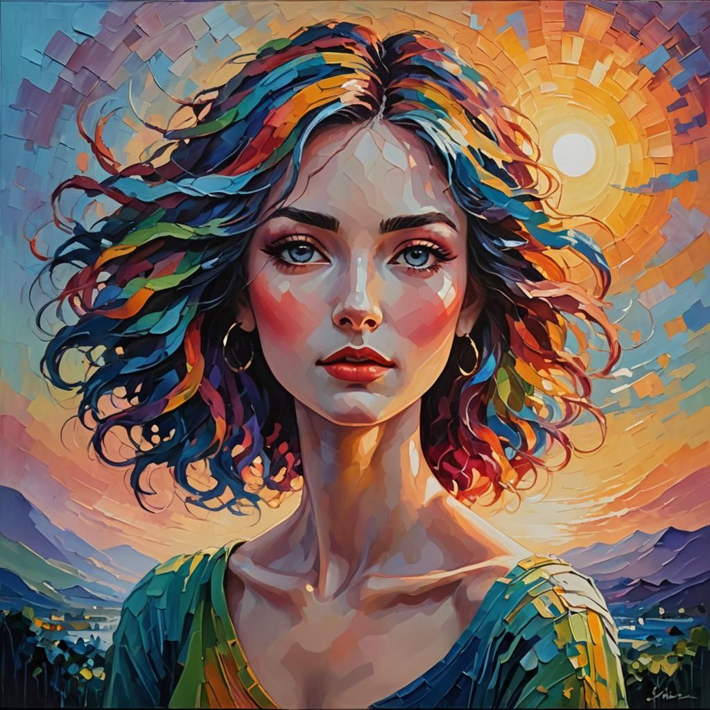 Graceful Lady with Colorful Hair in Neo-Impressionism Style
