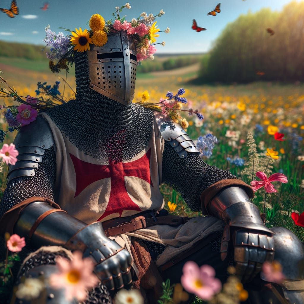 Crusader Knight in Meadow with Wildflowers