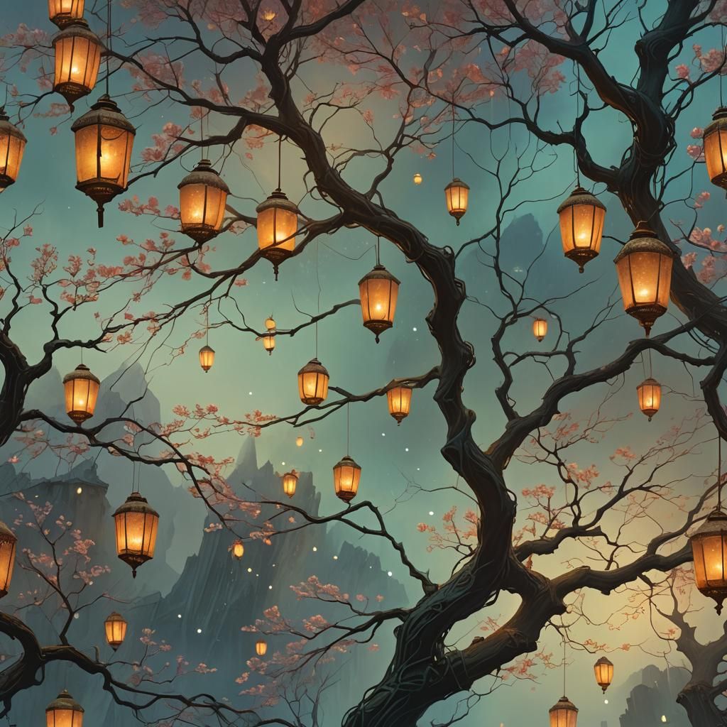 Mystical Lanterns on Tree Branch in Fantasy Style