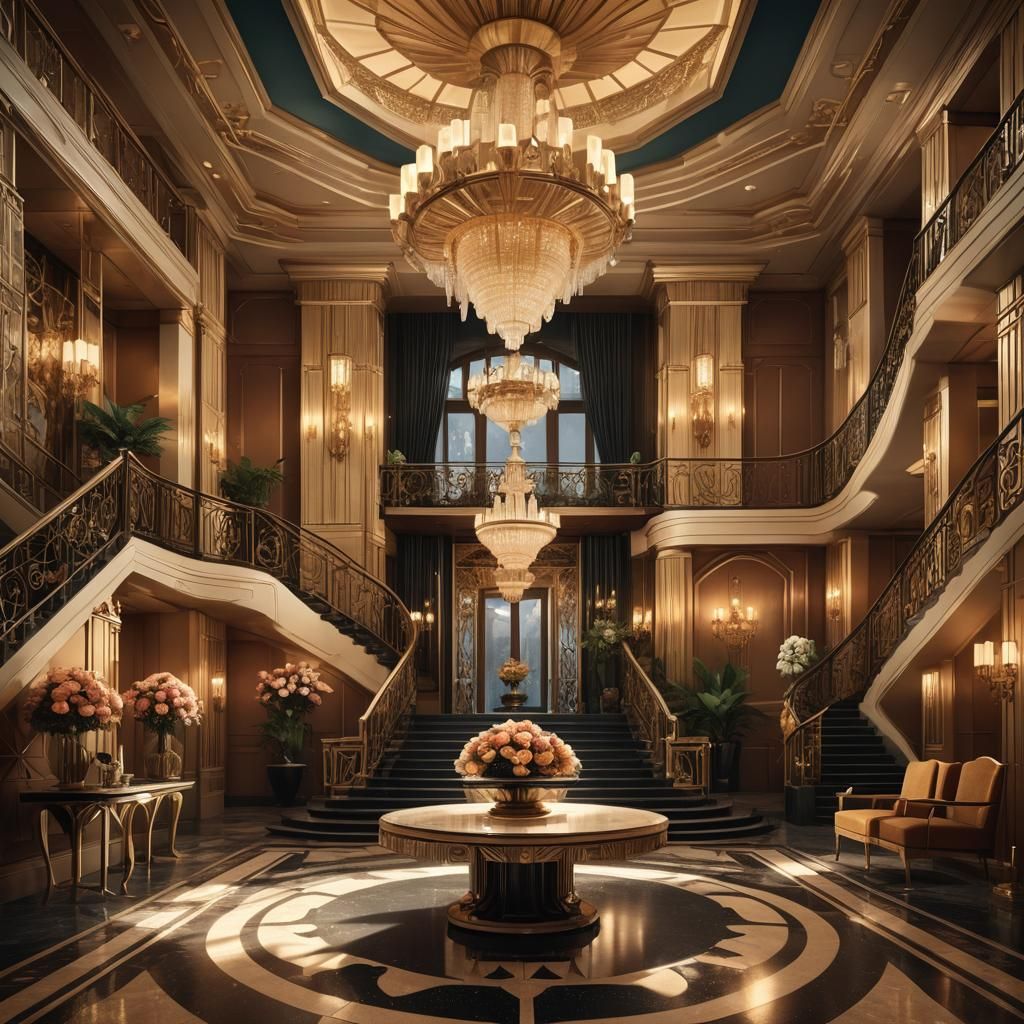 Art Deco Foyer with Winding Staircase and Chandelier