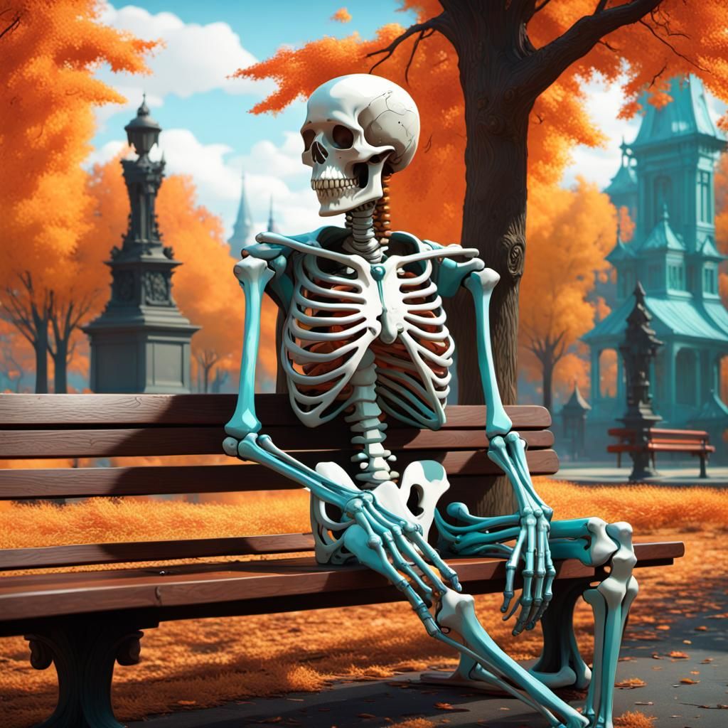 Dressed Skeleton on Park Bench, Digital Art