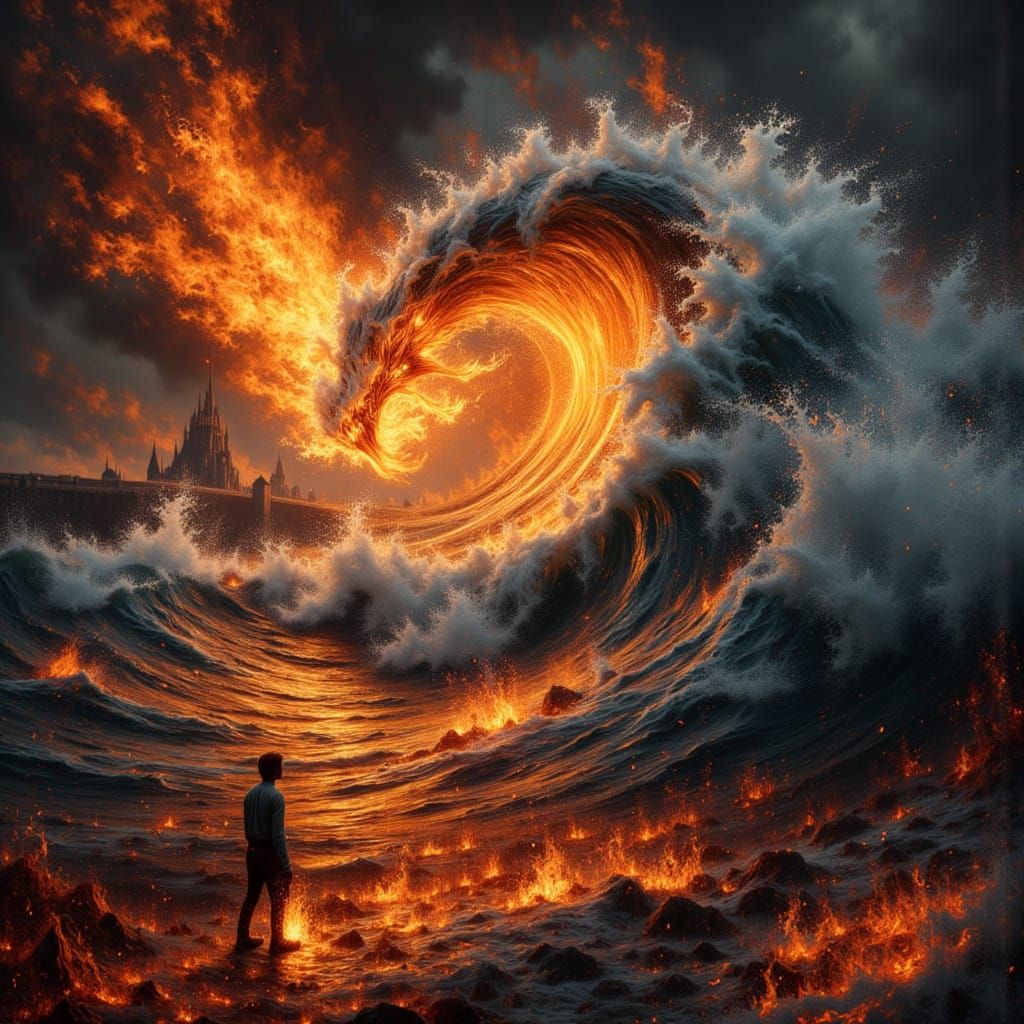 Waves Mirrored in Flames: A Dark Fantasy Vision
