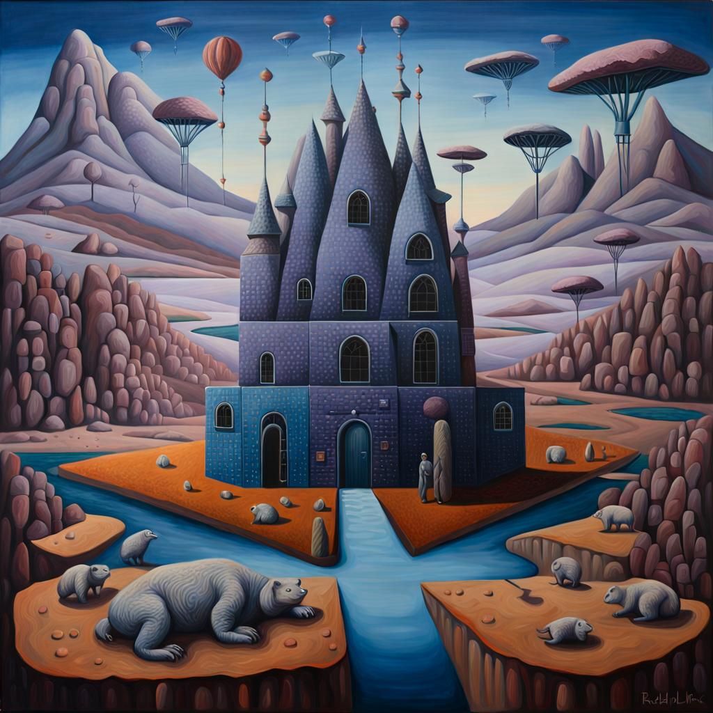 Surreal Oil Painting in Dodgerblue, Mauve, Sienna