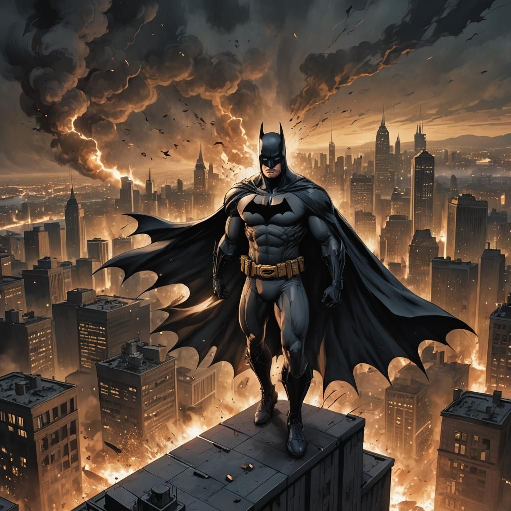 Batman on Gotham Rooftop in Comic Book Style