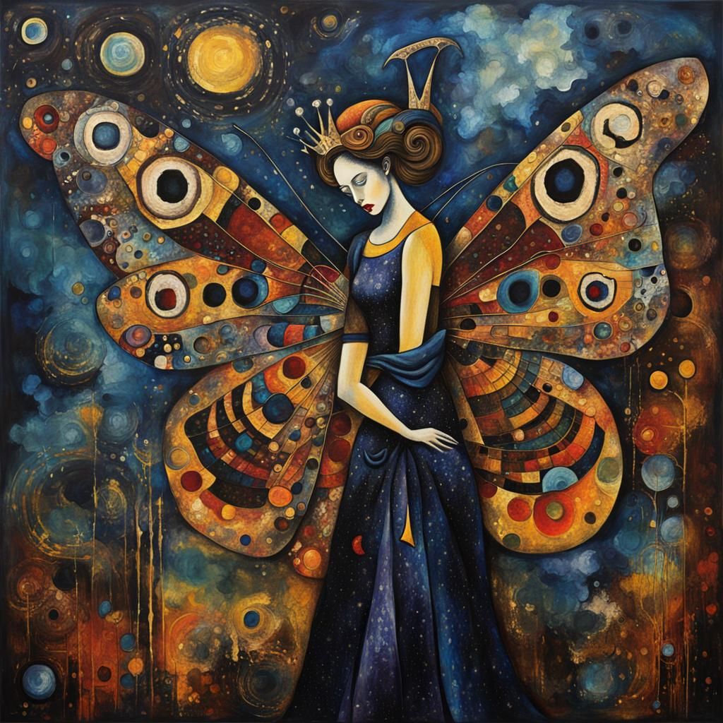 Abstract Expressionist Moth Woman Portrait in Batik Style