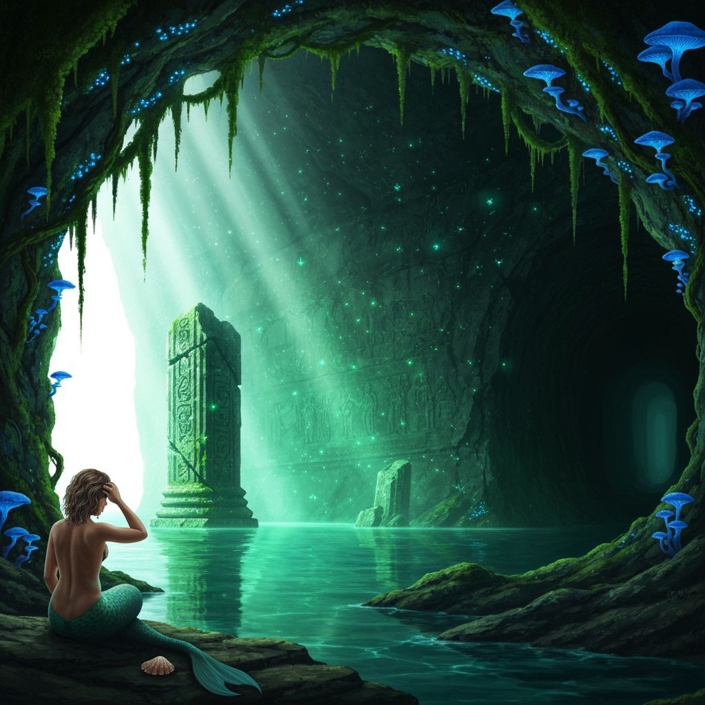 Mystical Sea Cave Temple with Mermaid and Bioluminescence