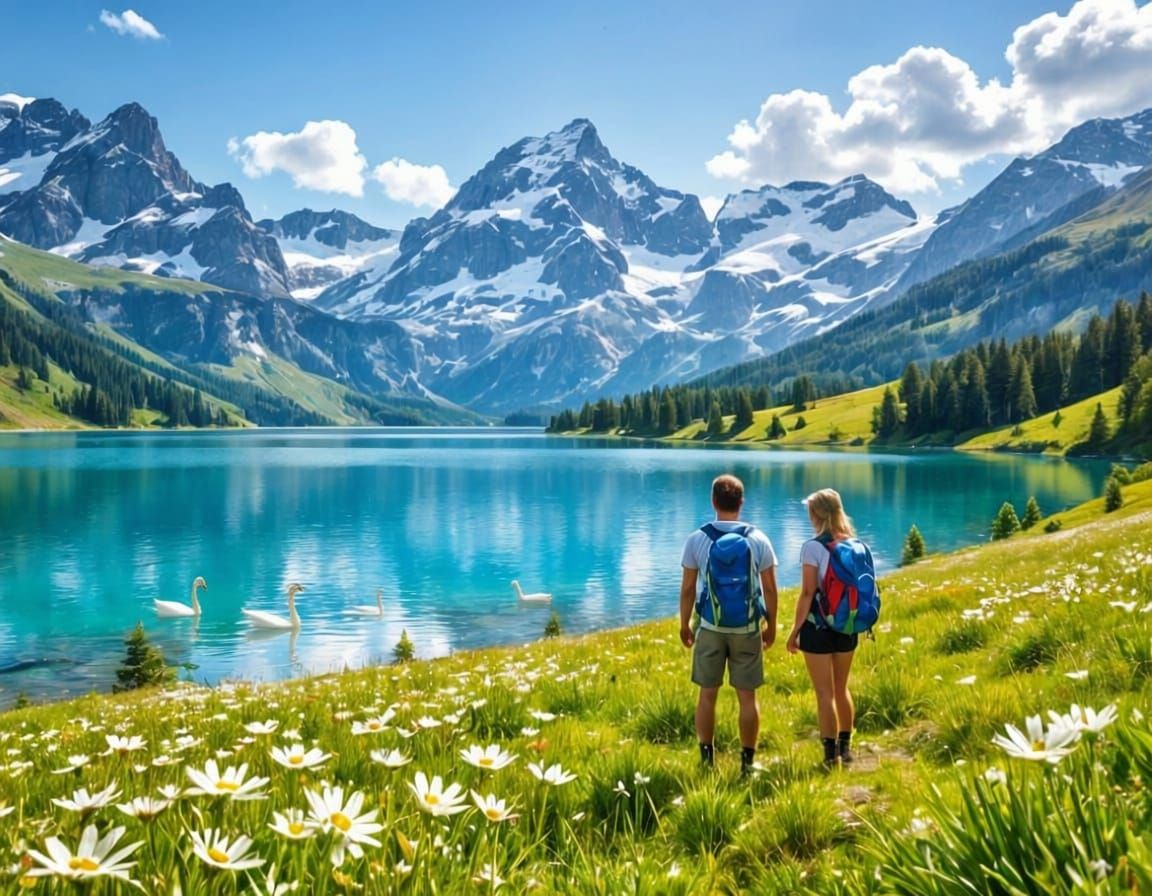 Swiss Alp Lake with Hikers and Snow Peaks