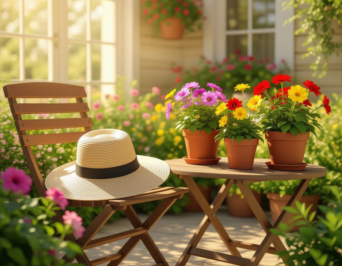 3D Render of Tranquil Garden with Flowers and Straw Hat