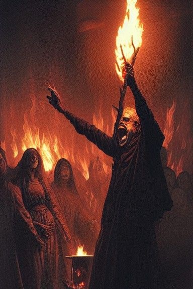 Sinister Witch Burning in Hyperrealistic Horror Style