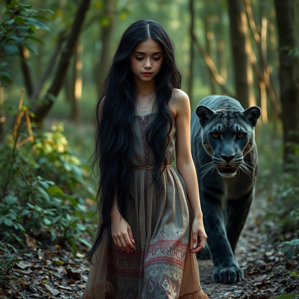 Enchanting Forest Girl and Panther in Realistic Style