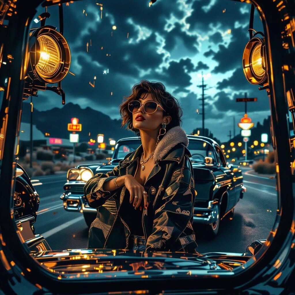 Woman and UFO Near Classic Car, Cinematic Style