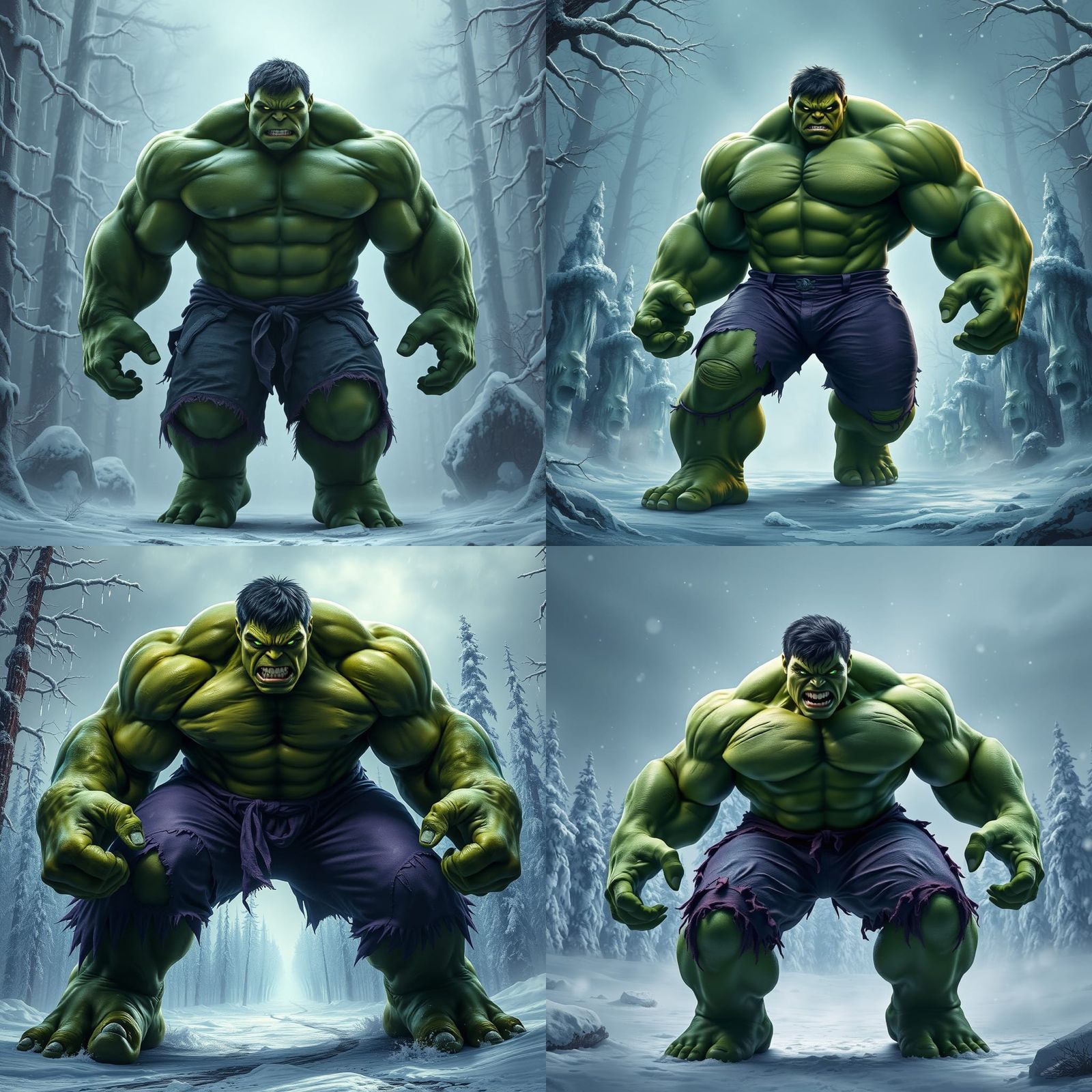 Green Hulk Dominates Snowy Forest, Fantasy Concept Art