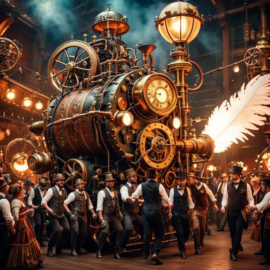 Steampunk Carnival with Ornate Costumes and Engine
