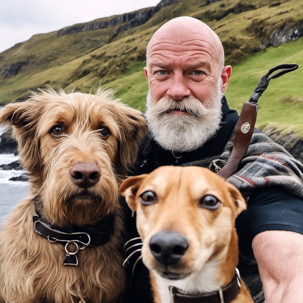 Selfie of Kilted Man and Kelpie on Scottish Coast