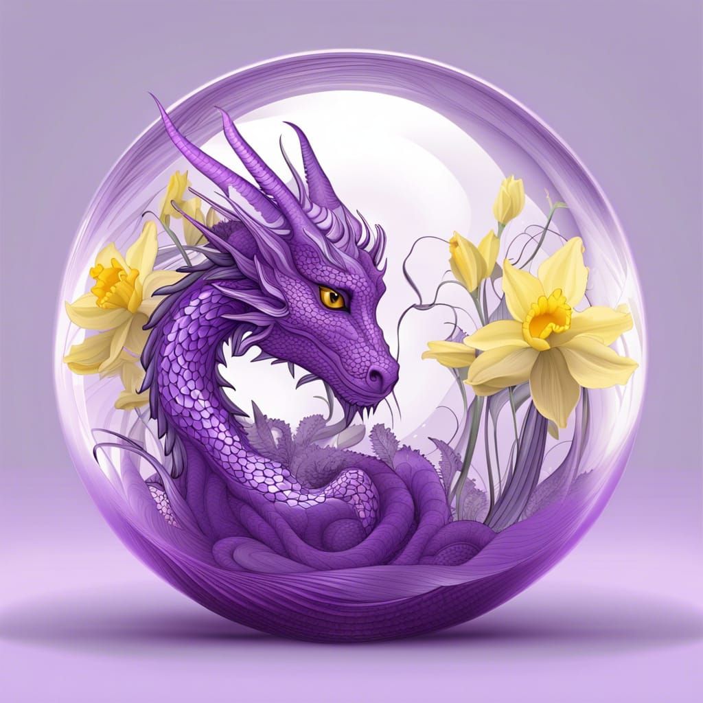 Purple Dragon in Glass Sphere with Daffodils