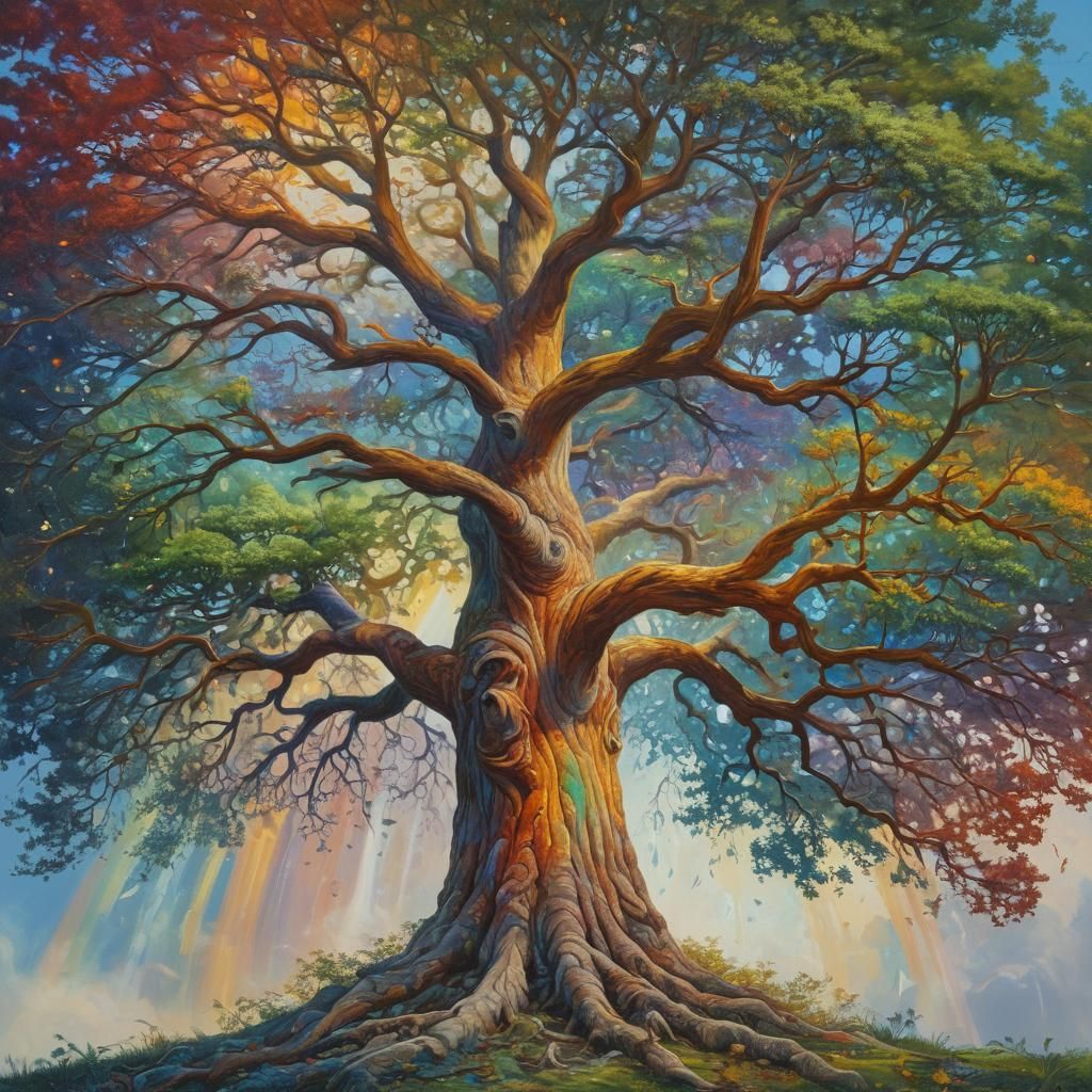 Rainbow Oak Tree: Detailed Oil Painting