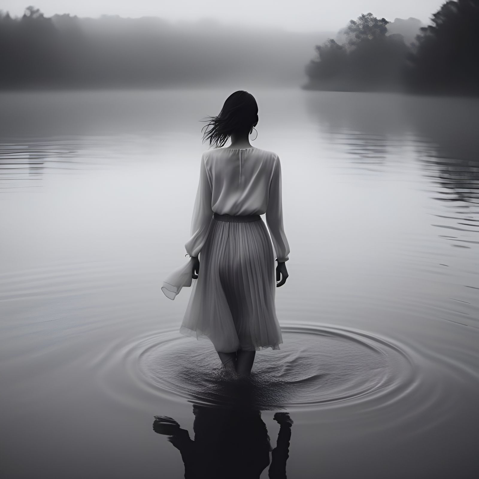 Monochrome Portrait of Woman Wading in Water