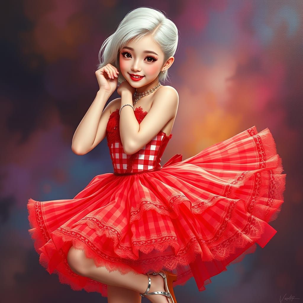 Anime-Inspired Girl in Vibrant Gingham Tutu