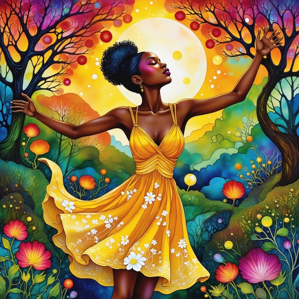 African Woman in Yellow Sundress Amidst Vibrant Blooms