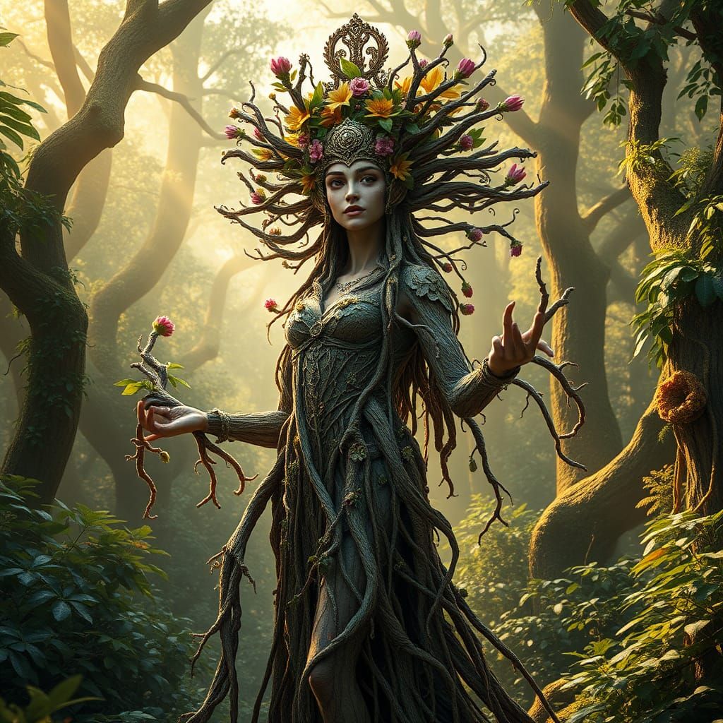 Iranian Vegetation Goddess Ameretat in Opulent Forest
