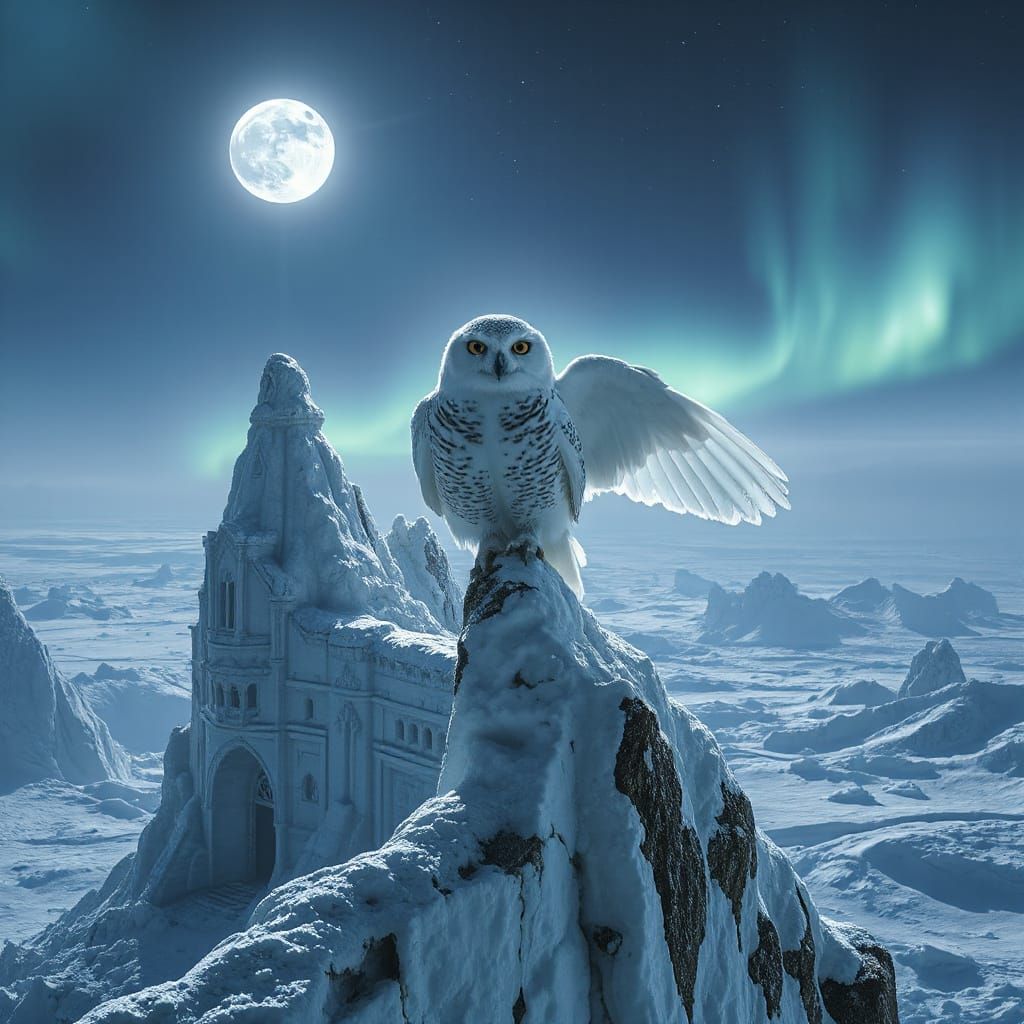 Majestic Snow Owl in Ancient Ice Temple