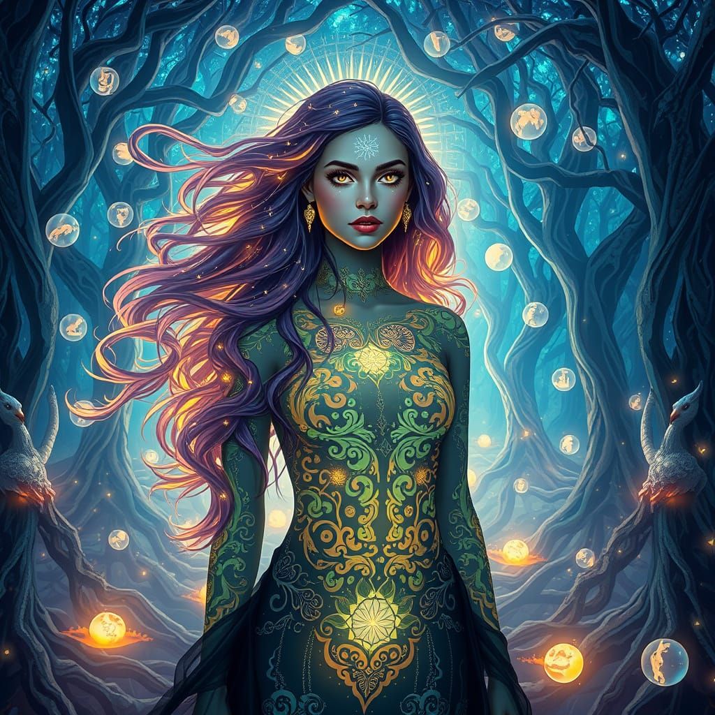 Bioluminescent Forest with Mirrored Roots, Digital Art