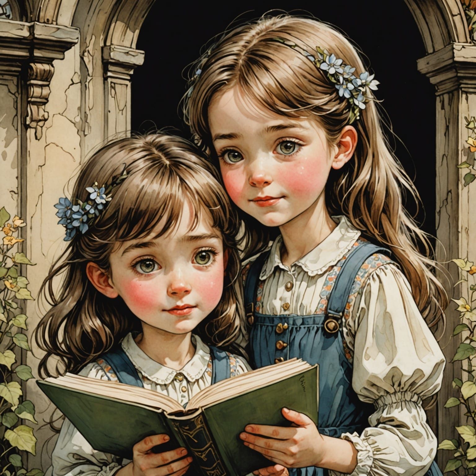Charming Anime Children Reading Book in Rackham Style