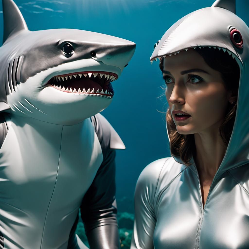 Jesus Statue Gazing at Shark Woman: Cinematic Film